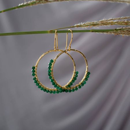 Green Onyx beaded Circle dangle earring, Brass 18k gold plated